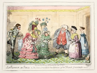 Le Retour de Paris, tai veljentytär, jonka hänen ranskalainen kuvernöörinsä esitti sukulaisilleen, pubi. 1835 (käsinvärinen etsaus)